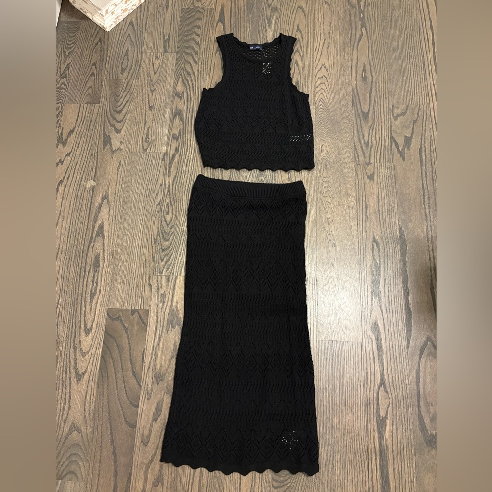 Elegant Black Crochet Skirt Set